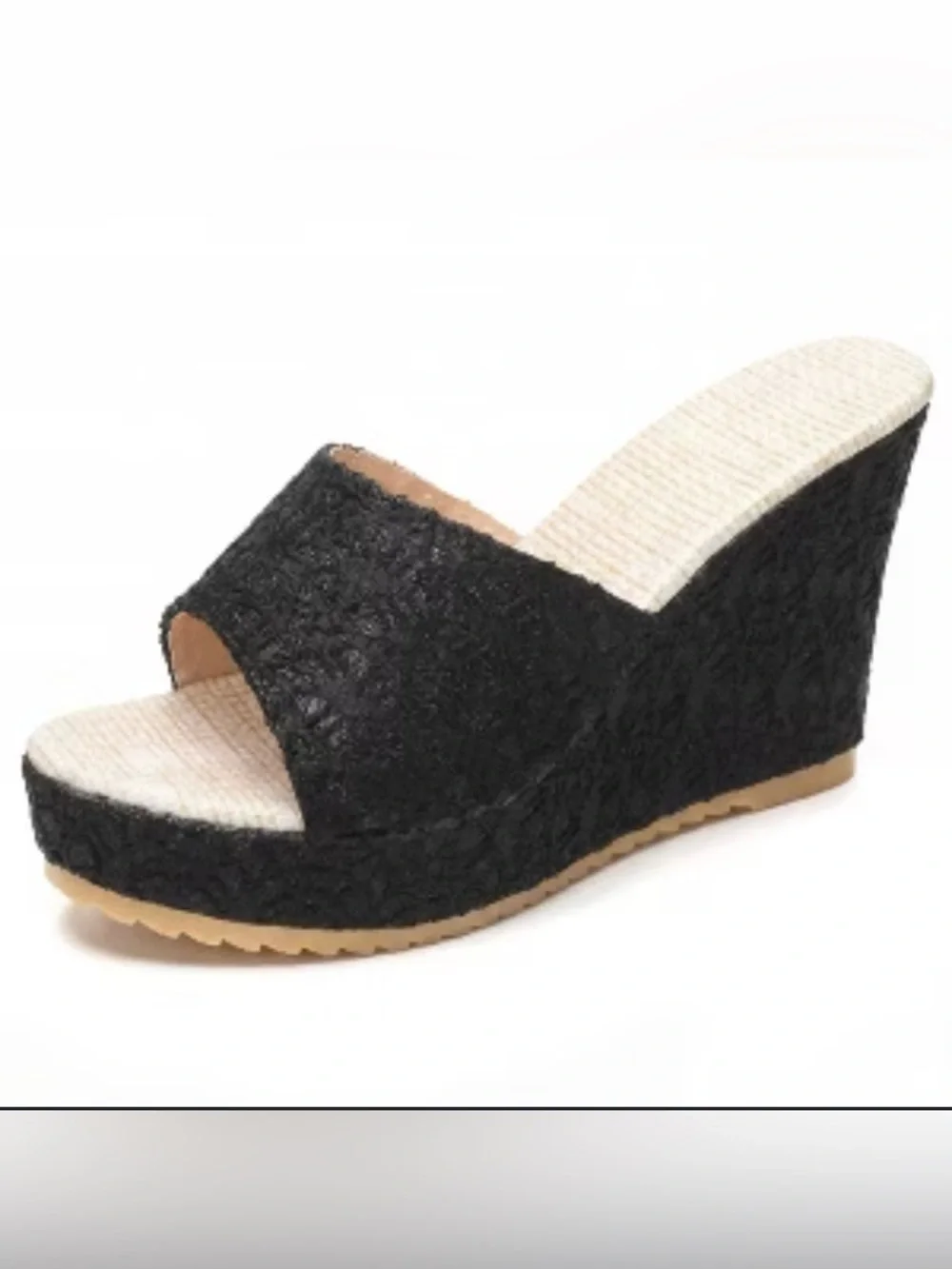 Black glitter lace peep-toe wedge slide sandals ft/ a textured woven footbed